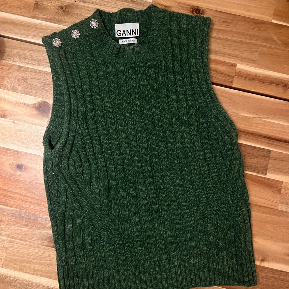 Ganni Dark Green Ribbed Sleeveless Sweater